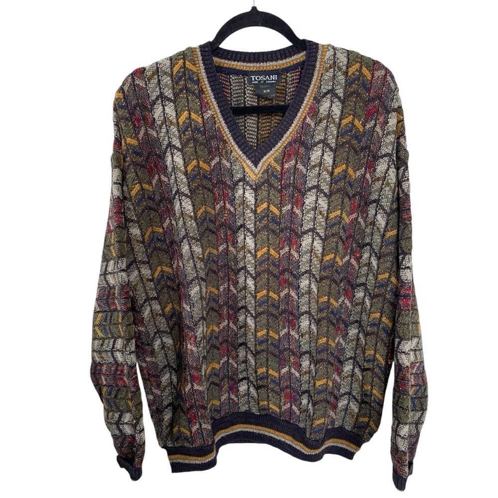 TOSANI Men's Vintage Coogi Style V-Neck 3D Textured Sweater Multicolor Pattern M